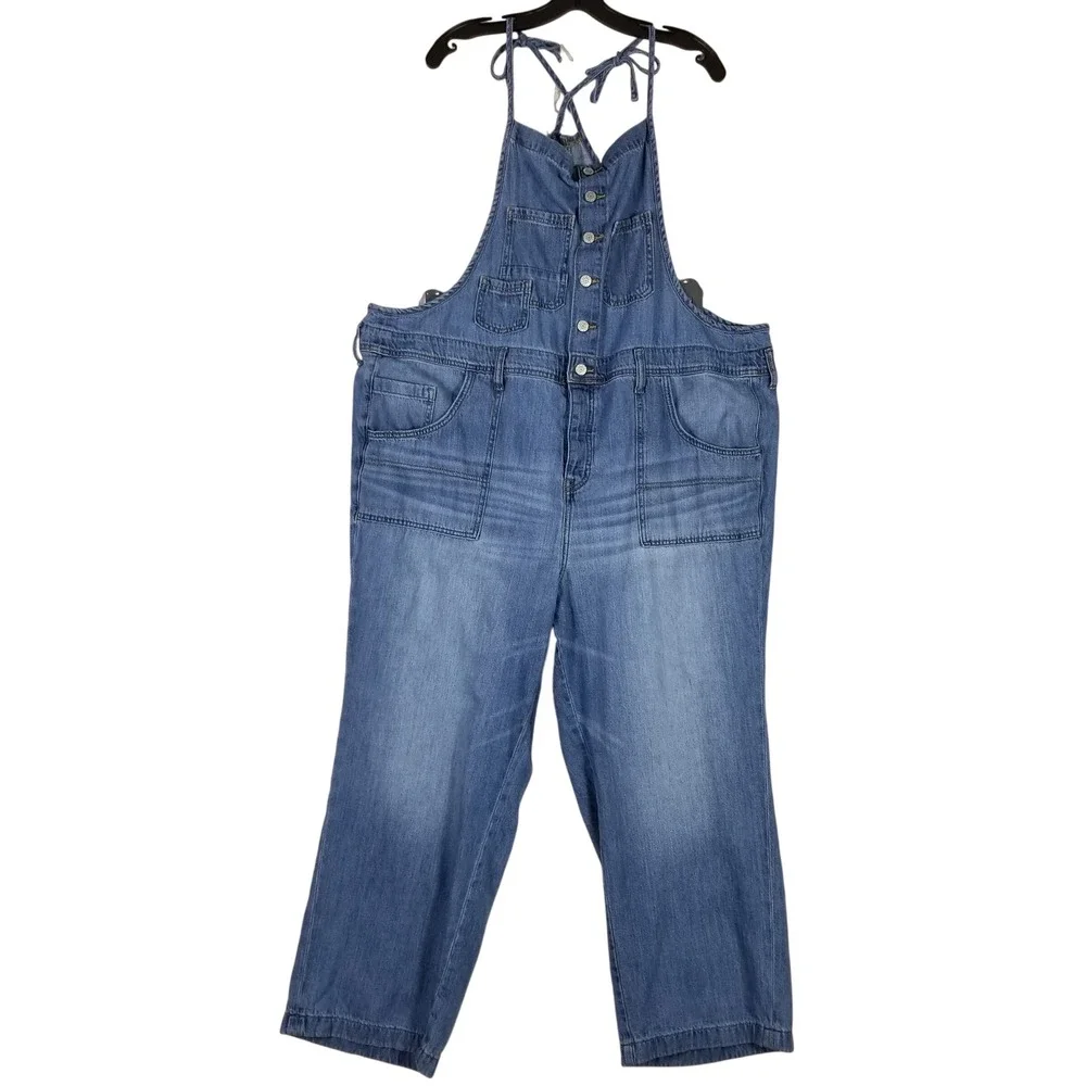 Torrid Overalls Womens 18R Blue Denim Cotton Button Front Tie Back Straight Leg